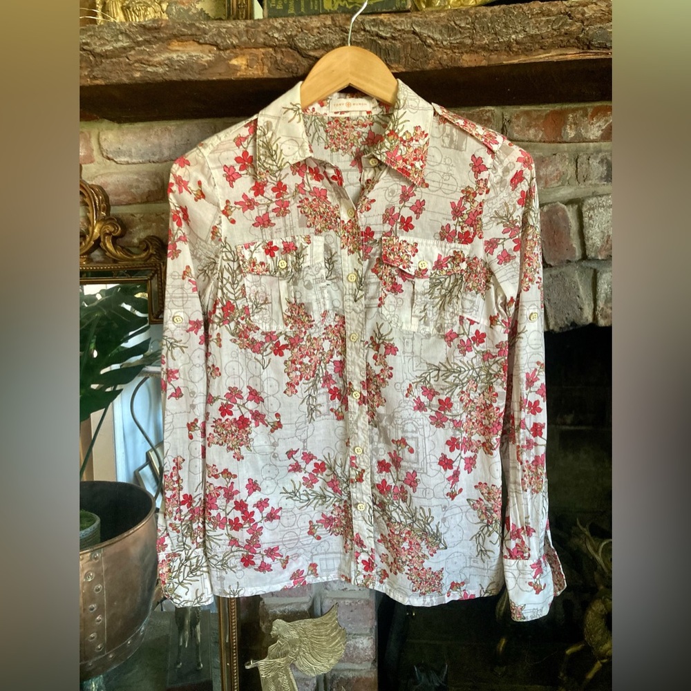 Tory Burch Brigitte Enamel Button-Down Epaulettes Cottagecore Floral Blouse EUC
